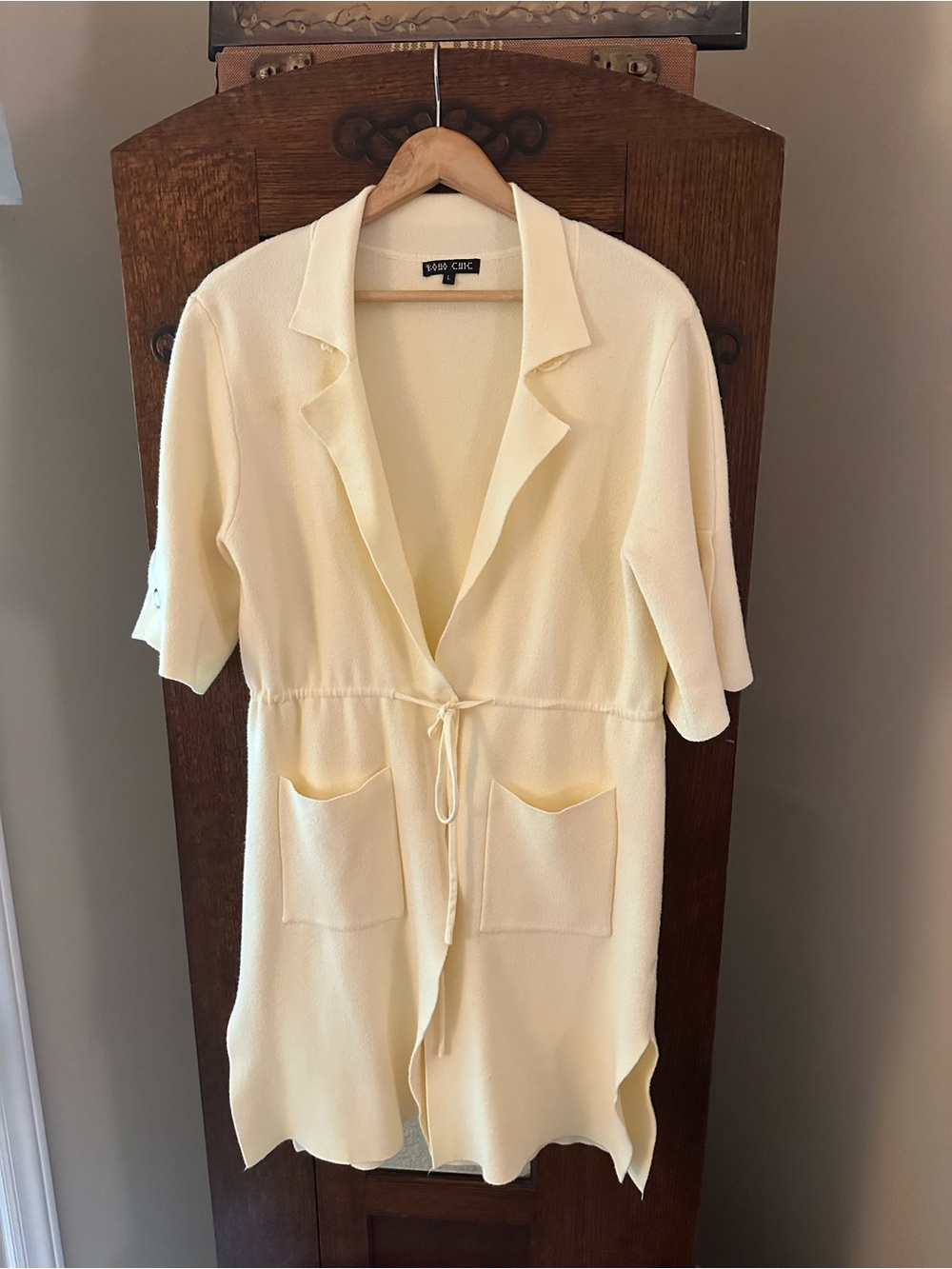 Boho Chic Ivory Knit Cardigan with Drawstring Waist Button Sleeves Size L